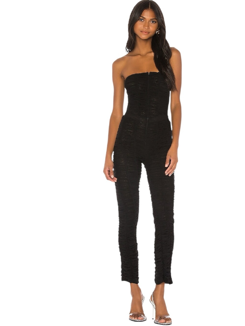 I.AM.GIA “Ophelia” Black Strapless Ruched Mesh Stretch Sheer Jumpsuit